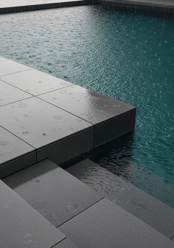 Gradini e bordo piscina in gres porcellanato scuro resi scivolosi dalla pioggia, esempio di applicazione di un trattamento antiscivolo