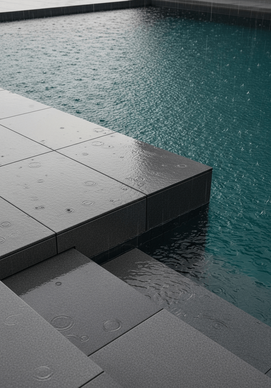 Gradini e bordo piscina in gres porcellanato scuro resi scivolosi dalla pioggia, esempio di applicazione di un trattamento antiscivolo