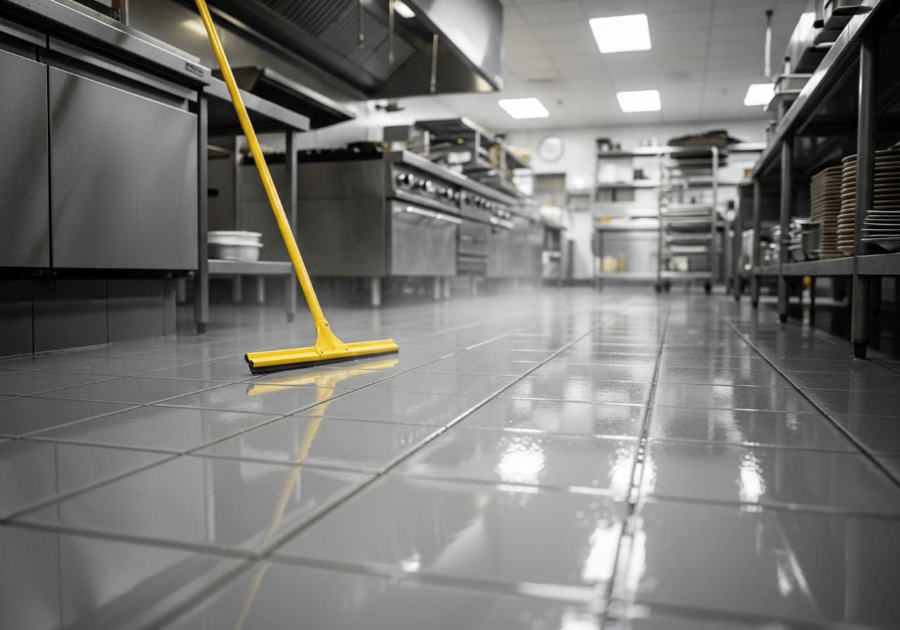Pavimento in piastrelle di ceramica di una cucina professionale, bagnato dopo la pulizia e che necessita di un trattamento antiscivolo