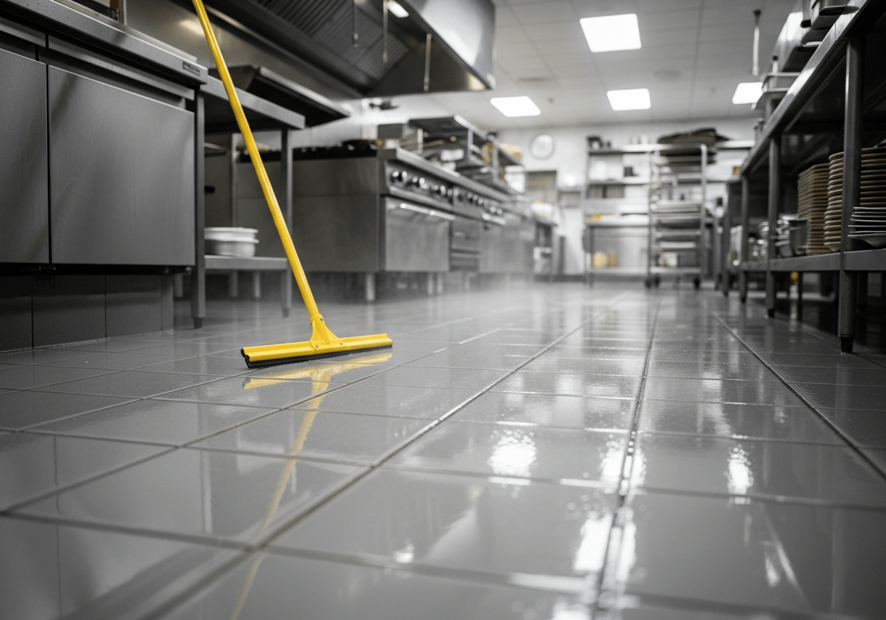 Pavimento in piastrelle di ceramica di una cucina professionale, bagnato dopo la pulizia e che necessita di un trattamento antiscivolo